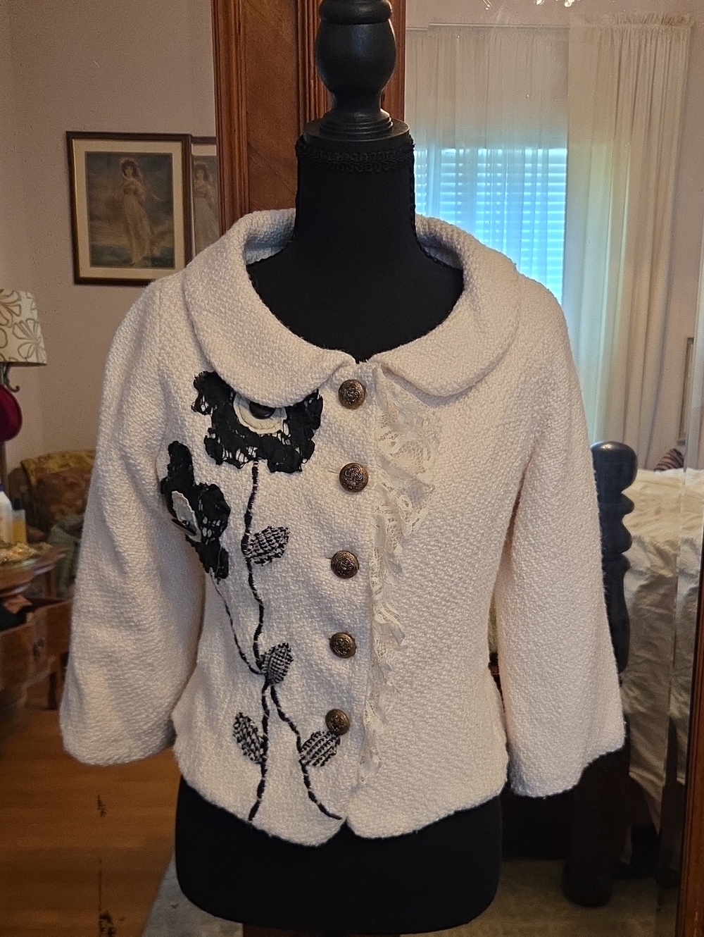 Nick & Mo Cream Bouclé Jacket with Black Floral Appliqué